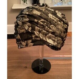 VINTAGE 1960s DON ANDERSON METALLIC BLACK GOLD PLEATED TURBAN HAT ROSES